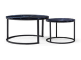 Set 2 Coffee Table Nesting Black top Black Frame Circular Round and Marble Pattern Wooden Tables, 62287079