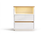 High Gloss White & Oak Two-Tone Nightstand, RGB Light, US Power Outlet, 2 Drawers 37462022