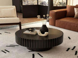 Round Coffee Table Handcrafted Relief Sturdy Pedestal Wooden Olive-Shaped Tea Table for Living Room W3081P255051