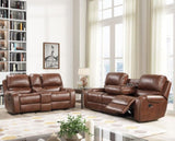 Achern Brown Leather-Air Nailhead Manual Reclining Sofa and Loveseat with Storage Console and USB T2574P198807
