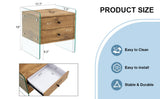 Double-drawer bedside table.The board surface is MDF with wood grain sticker, and both sides are W1512P348780