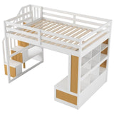Full Size Loft Bed with Desk and Shelves, Two Built-in Drawers, Storage Staircase, White and Natural 04858801