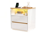 High Gloss White & Oak Two-Tone Nightstand, RGB Light, US Power Outlet, 2 Drawers 37462022