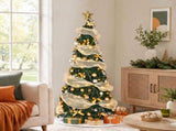 6FT Green Telescopic Christmas Tree with Gold Ribbon, Gold & Silver Ornaments, Bead Chain, PVC, 150 90389719