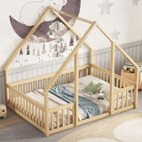 ZNTS Full Wood House-Shaped Floor Bed with Fence, Guardrails,Natural W504P143295