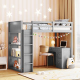 Twin Size Loft Bed with Ladder, Shelves, and Desk, Gray 83068138