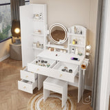 Full Body Mirror Cabinet Round Mirror LED Vanity Table Cushioned Stool, With 2 AC 2 USB Power W936P160027