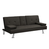 ZNTS Sofa Bed with Armrest two holders WOOD FRAME, STAINLESS LEG, FUTON BROWN PVC,DARK BROWN W2297P284141