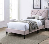 Twin Size Bed w Adjustable Headboard 1pc Bedframe, Light Pink Velvet Upholstered Youth Bedroom B011P190166