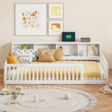 Wood Twin XL Size Floor Bed with Storage Cabinets and USB Ports, White N709P205811K