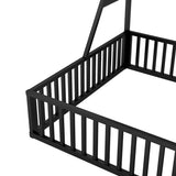 Full Size Floor Bed Frame with Safety Fence, Metal Floor Bed with Desk and Storage Shelves, W1580P240070