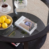 ZNTS Round glass top solid wood storage coffee table, black W848120036