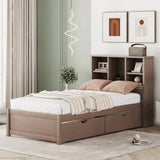 ZNTS Modern Twin Size Bed Frame With Built-in USB Port on Bookcase Headboard and 2 Drawers for Walnut 68014174