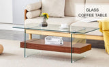 ZNTS 43.3 Inch Modern Two-Tier Coffee Table - An Elegant Combination of Clear Glass and Dark Wood Texture W2920P226069