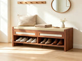 Brown 3-Tier Shoe Storage Bench Cushioned Seat, 2 Rattan Drawers and Bottom Open Shelf 49292060