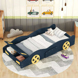 Twin Size Race Car-Shaped Platform Bed with Wheels and Storage, Dark BlueYellow WF305759AAC