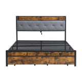 King Bed Frame with Storage, Bed Frame with LED Lights Upholstered Headboard and 2 Drawers, USB & W311P284693