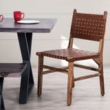 Upholstered Dining Chair Set of 2, Genuine Leather Woven Side Chair, Rustic Hardwood Frame, Brown B011P198369