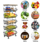 6-Tier Fruit Basket Rack, Stackable Wire Basket Cart with Solid Wood Top, Kitchen Vegetable 90617282