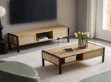 54.33" Rattan TV cabinet with variable color light strip, double sliding doors for storage, W1265121746