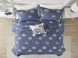 4 Piece Cotton Reversible Embroidered Quilt Set with Throw Pillow Navy Full/Queen B03595792