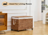 160L 3-Section Laundry with Lid and Wheels, Woven Natural Water Hyacinth Rolling Laundry 22369298