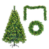 6FT Grass Green Christmas Tree, Large Branches Pine Tree, Pre-Lit Set with Tree & Garland & Wreath, N704P198445F