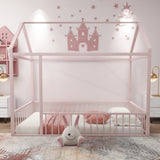 Twin Size Metal Bed House Bed Frame with Fence, for Kids, Teens, Girls, Boys, Pink MF304315AAH