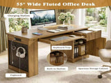 55" Modern Fluted Office Desk with Storage Cabinet & Drawers, Computer Writing Desk with Power W2917P494379