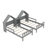 Double Twin Size Platform Bed with House-shaped Headboard and a Built-in Nightstand, Grey WF306928AAE