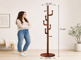 Freestanding Wooden Coat Rack, Vintage Natural Birch Wood Coat Tree with Hooks, Sturdy Hall Tree for 73729252