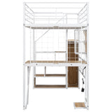 Twin Size Metal Loft Bed with Built-in Work Station, Wardrobe, Storage Staircase and LED, White 60991142