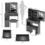 Small Size Left Drawer Desktop Vanity Table Cushioned Stool, Touch Control Sliding LED Mirror, W936P202449