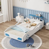 ZNTS Wooden Race Car Bed,Car-Shaped Platform Twin Bed with Wheels For Teens,White & Blue WF310553AAK