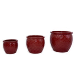Handmade Ceramic Flower Pot Set of 3, 15/12/10 Inch Diameter, Deep Red with Floral Embossed Pattern, W3273P321489