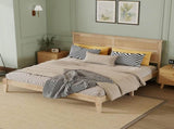 King Size Solid Wood Bed with Rattan Headboard, Rubber Wood Bed with Central Support Beams and W504P444380