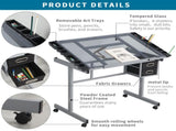 Adjustable Art Drawing Desk Craft Station Drafting with 2 fabric Drawers and 4 Wheels W347P330973