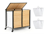 Compact Rolling Bamboo Laundry Hamper with Lid, 2 Sorting Compartments Removable Oxford Liner Bags 81509674