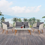 ZNTS 4 Piece Patio Furniture Set, Outdoor Acacia Wood Conversation Set, All-Weather Rope Sofa Set with 96676802