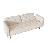 A 69.7-inch-long sofa bed covered in beige velvet fabric, featuring nail head trim and accompanied W3356P298442