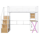 Twin Size Metal Loft Bed with Built-in Work Station, Wardrobe, Storage Staircase and LED, White 60991142
