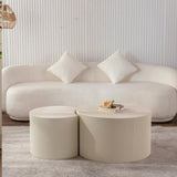 Round Coffee Table Handcrafted Relief Sturdy Pedestal Wooden Olive-Shaped Tea Table for Living Room W3081P255150