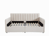 Flora Upholstered Daybed with 2 Drawers, Twin, Ivory Velvet, Ribbed Tufted Backrest, Daybed in B083P156245