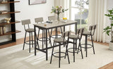 Pub High Dining Table 7 Piece Set, Industrial Style Pub Table, 6 PU Leather Bar Chairs for Kitchen W1668P193689