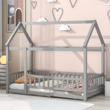 ZNTS Twin Size Floor Wooden Bed with House Roof Frame, Fence Guardrails,Grey 40028728