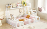 Full Size Floor Bed Frame with Safety Fence, Metal Floor Bed with Desk and Storage Shelves, W1580P240069