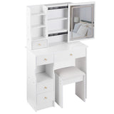 Small Size Left Drawer Desktop Vanity Table Cushioned Stool, Touch Control Sliding LED Mirror, W936P202317
