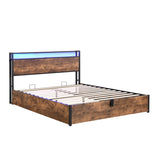 Lift-up Storage Frame, Full Size Frame with Bookcase Headboard & LED Lights, Wooden Platform W1916P184709