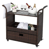 ZNTS Outdoor Patio Wicker Rattan Serving Bar Cart Sideboard On Wheels Brown Gradient 72384423