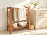Natural Hardwood Towel Rack, Freestanding Blanket Stand with 3 Hanging Bars & Bottom Storage Shelf, 78960066